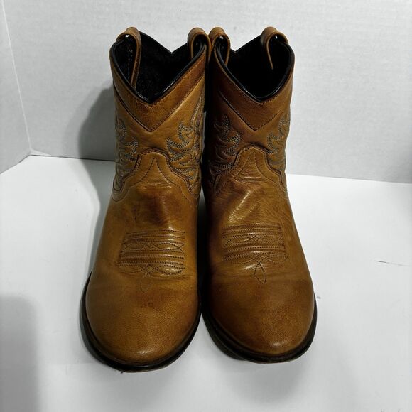 Women’s 8.5 Cowboy Boots Dingo Leather Western  Tan Short Pull-On Stitch Detail - Picture 4 of 8